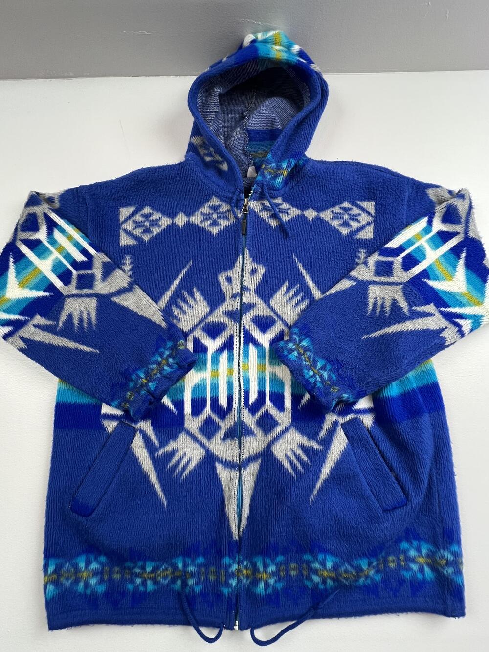 Aztec Jacket Mens Blue Hooded Parka Full Zip Southwestern Geometric Fleece Read